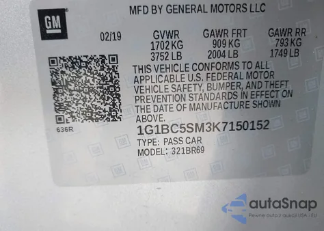 2019 Chevrolet Cruze Ls из США, поврежденный, VIN 1G1BC5SM3K7150152